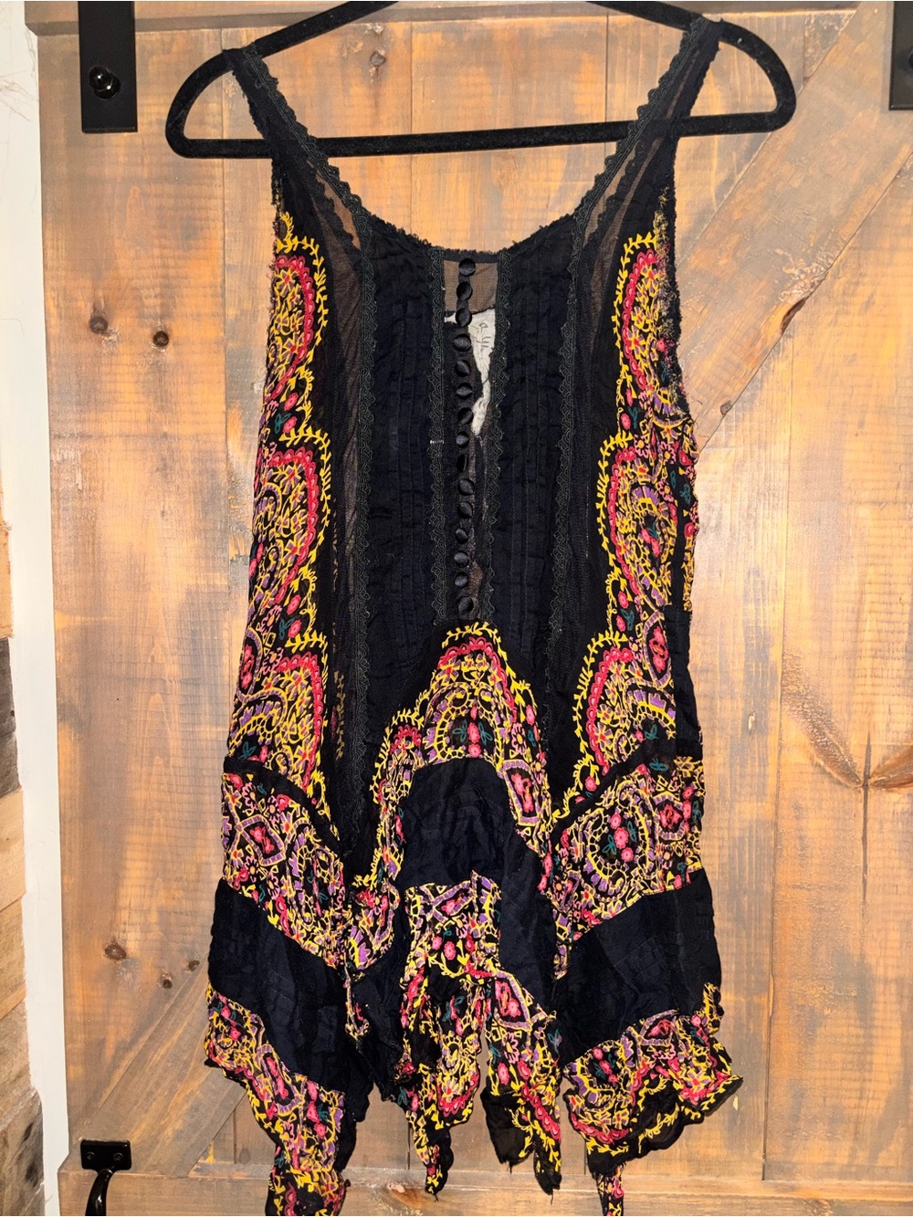 Free People Black Embroidered Tunic Chemise with Pink & Yellow Accents
